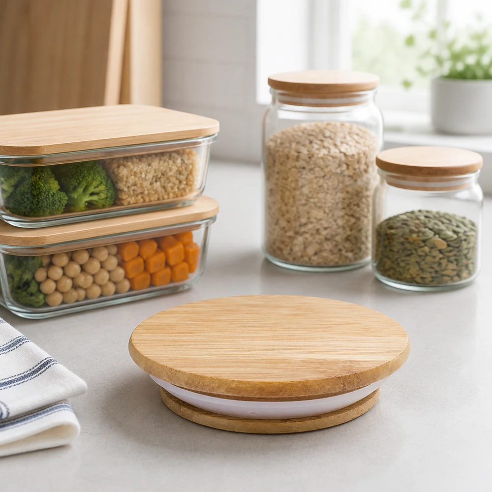 Almacenamiento sostenible en la cocina Tarros WECK con tapa de madera versión A RR100 para organizar las provisiones de lentejas de arroz