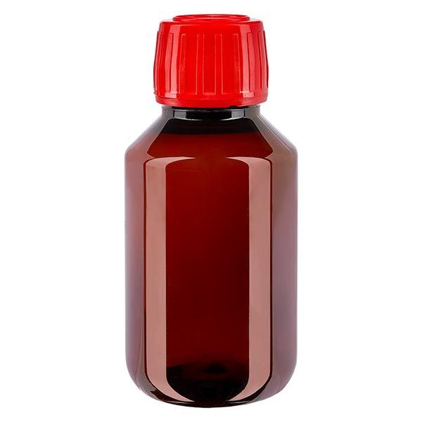 Botella PET 100ml con tapón rojo inviolable Botella PET 100ml con tapón rojo inviolable