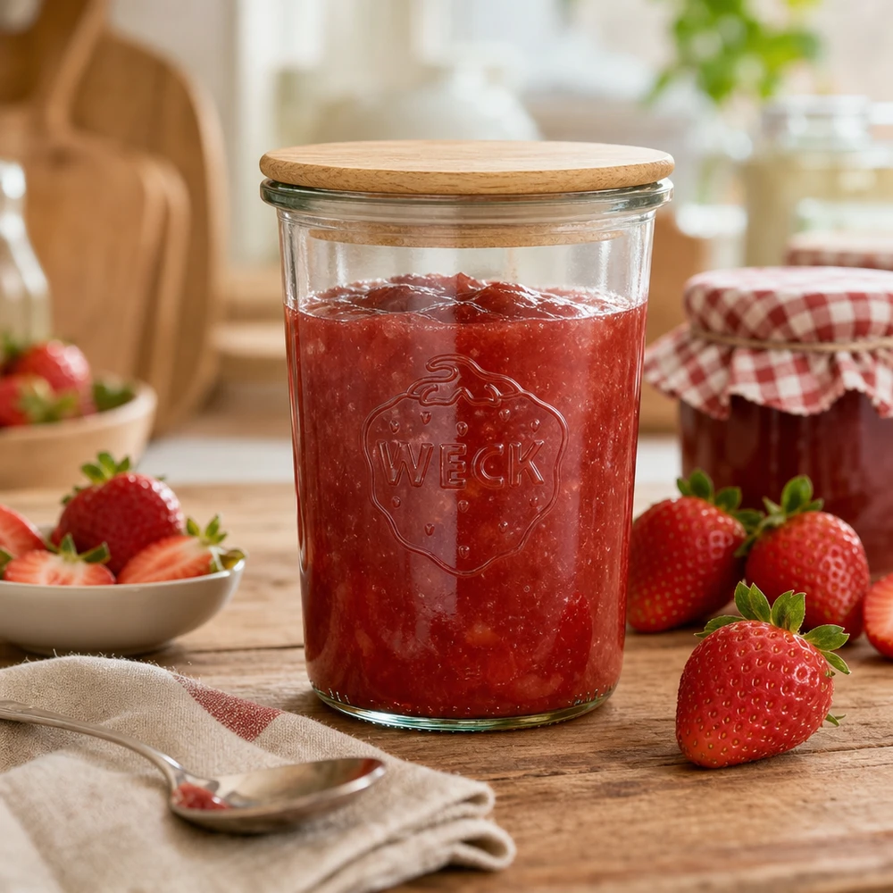 Vasos WECK RR100 850ml con tapa de madera WECK tarro de conserva 850ml lleno de mermelada de fresa tapa de madera escena de cocina fresas frescas decoración