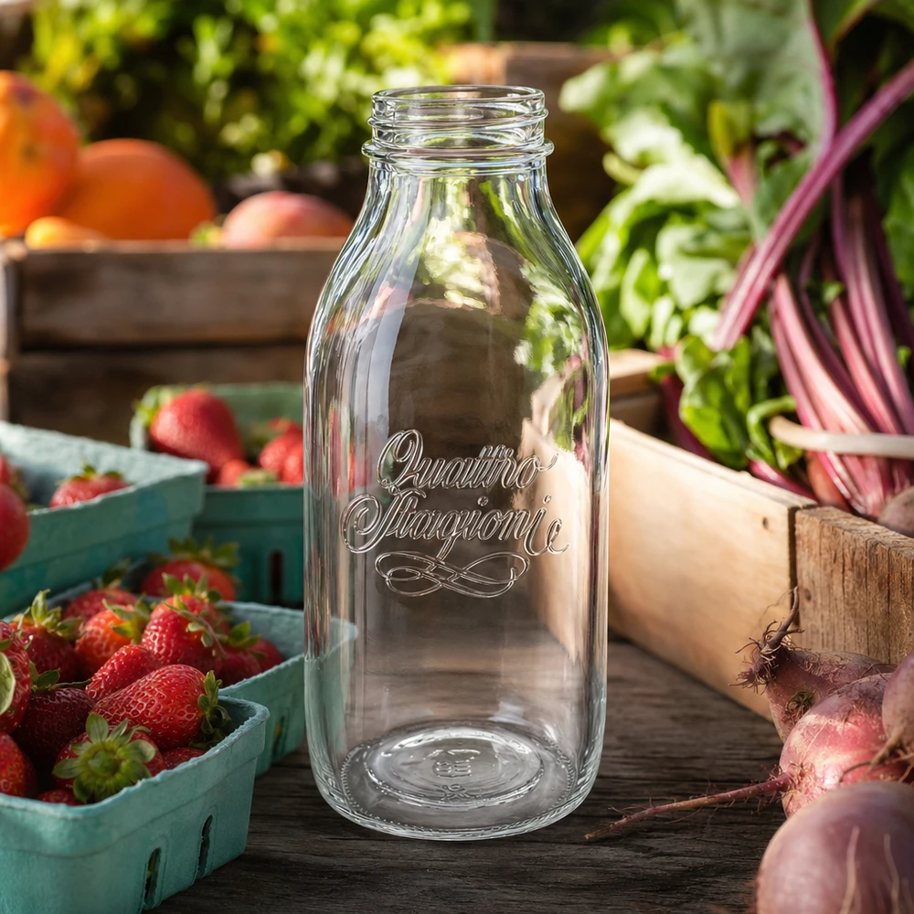 Botella de cristal de 1000ml "Quattro Stagioni" QS56mm Botella de cristal Quattro Stagioni de boca ancha de 1000 ml sobre una mesa de madera con fresas frescas y verduras de fondo