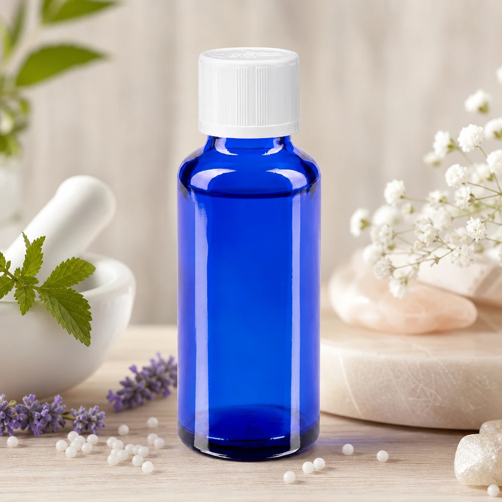 Pequeño frasco de cristal azul de 30 ml con tapón de rosca blanco, entre la lavanda y las hierbas medicinales
