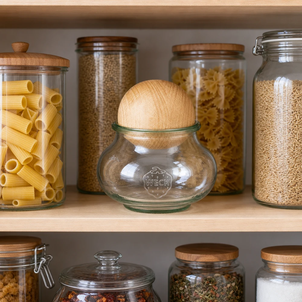 WECK tarro 560ml RR80 haya tapa de bola en despensa con pasta arroz lentejas cocina organizada almacenamiento