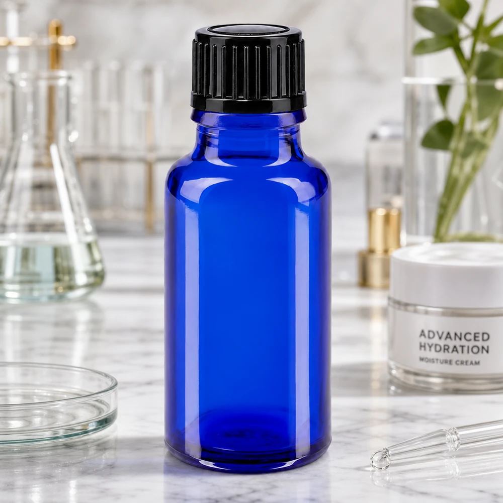 Frasco de farmacia de 20 ml de cristal azul cobalto con tapón de rosca estriado en un entorno de laboratorio