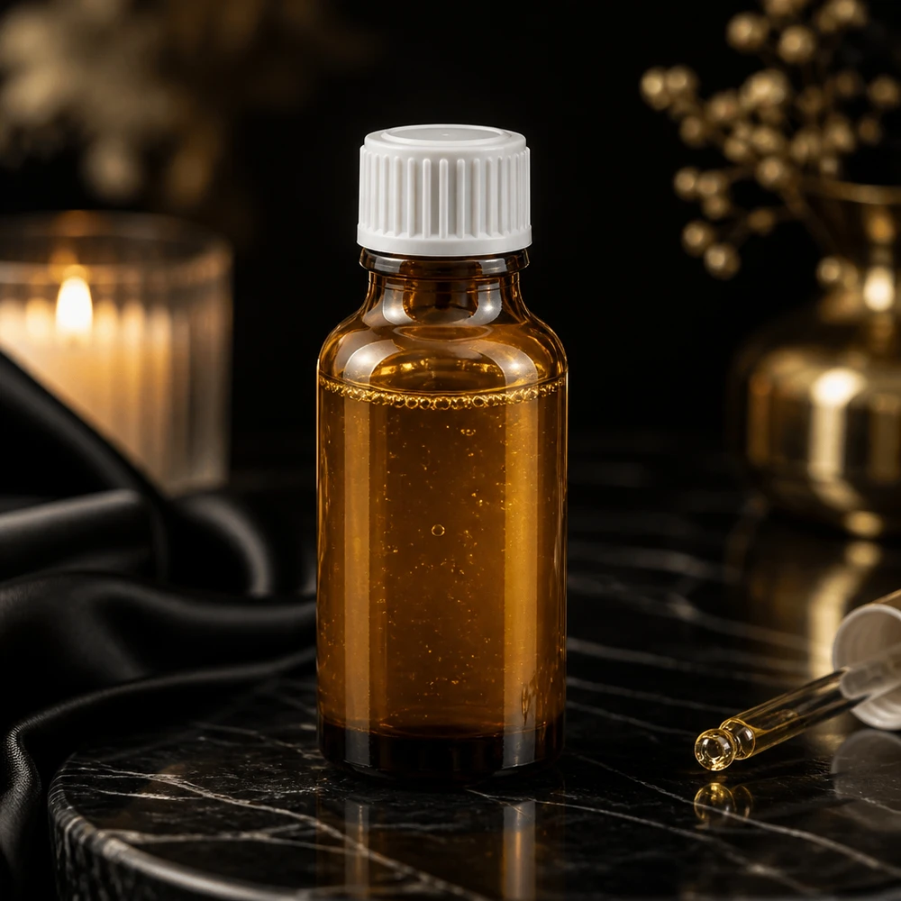 Frasco de cristal marrón de 20 ml con tapón de seguridad para niños blanco sobre fondo de mármol negro