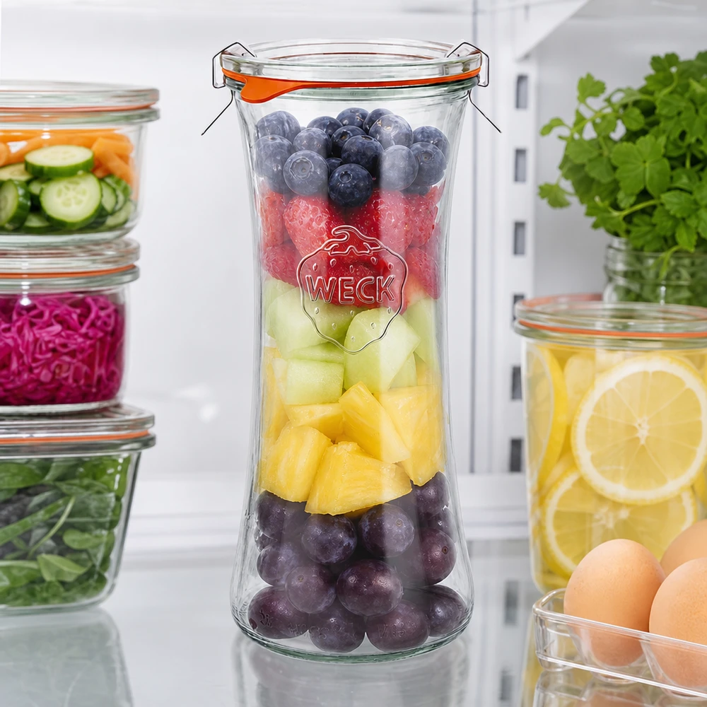Tarro completo para delicatessen de 700ml WECK RR80 WECK tarro delicatessen 700ml RR80 relleno de macedonia de colores, tarro de conserva con tapa abatible para fruta fresca