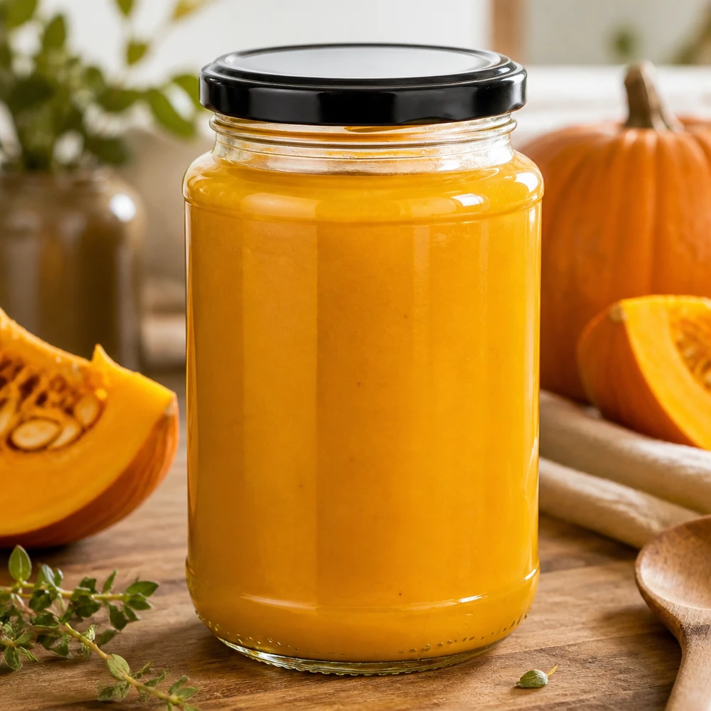 Frasco redondo de cristal UNiTWIST de 320 ml con tapa BasicSeal negra, lleno de puré de calabaza de color naranja