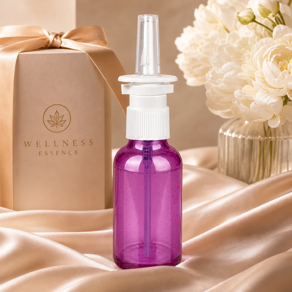 Frasco pulverizador nasal de 30 ml blanco/transparente estándar PurpleLine. UT18/30 Pulverizador nasal de 30 ml de alta calidad con rosca UT18/30 en elegante color morado para una dosificación profesional