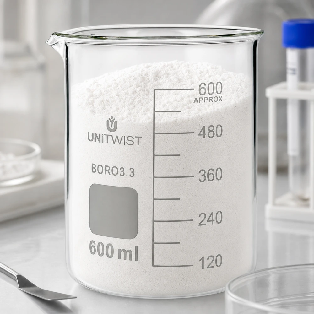 Vaso 600 ml borosilicato, molde bajo UNiTWIST Vaso de vidrio UNiTWIST de 600 ml, lleno de polvo blanco hasta superar la marca de los 600 ml, de borosilicato, de laboratorio