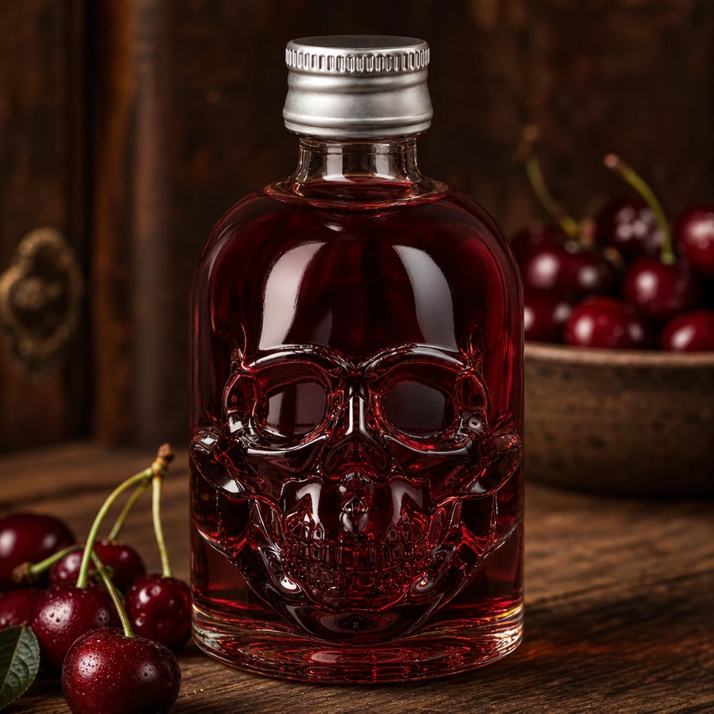 Botella de vidrio de 50 ml «Hector» y tapón de rosca plateado UNiTWIST® Botella de cristal Hector de 50 ml con líquido rojo cereza y tapón plateado entre cerezas frescas sobre una mesa de madera