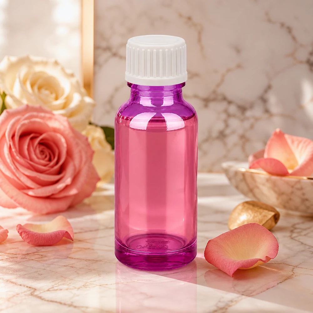 Frasco cuentagotas de 20 ml de plástico de alta calidad en color morado para aplicaciones cosméticas