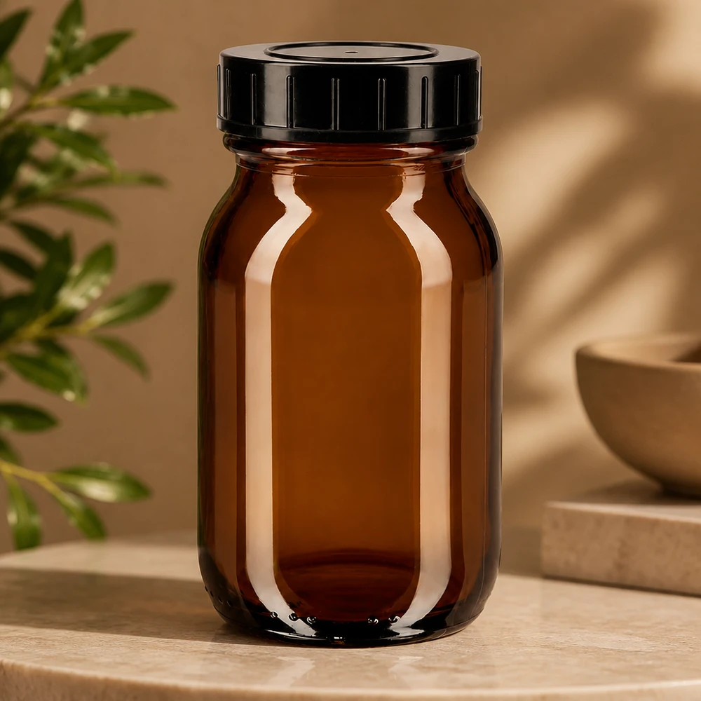Botella ámbar de 100ml con tapón de rosca Frasco de farmacia de 100 ml de vidrio ámbar con protección UV y tapa negra hermética