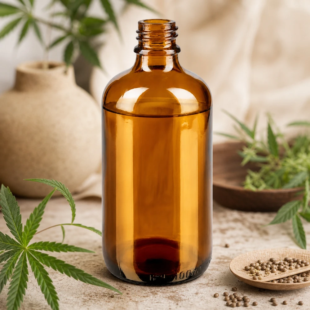 Frasco gotero 100 ml DIN 18 de vidrio ámbar Frasco boticario marrón ApoGlas de 100 ml con plantas de cáñamo y semillas de cilantro sobre mesa de madera