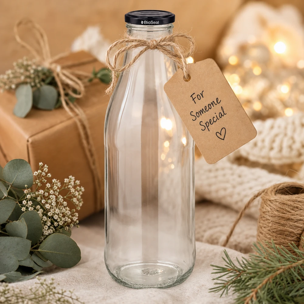 Frasco de vidrio de 1000 ml + tapa BioSeal negra UNiTWIST Botella de vidrio de 1000 ml con tapa negra envase de regalo cordón de yute decoración colgante sostenible respetuoso con el medio ambiente