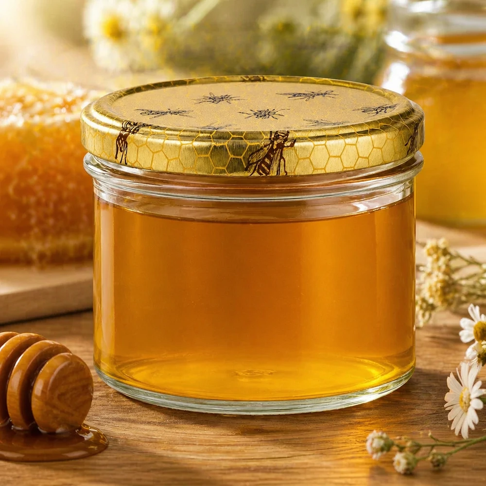 Tarro para miel de 250 g con tapa con diseño de panal BasicSeal UNiTWIST Tarro de miel de 250 g con tapa de panal lleno de miel dorada junto a una cuchara de miel y flores de manzanilla