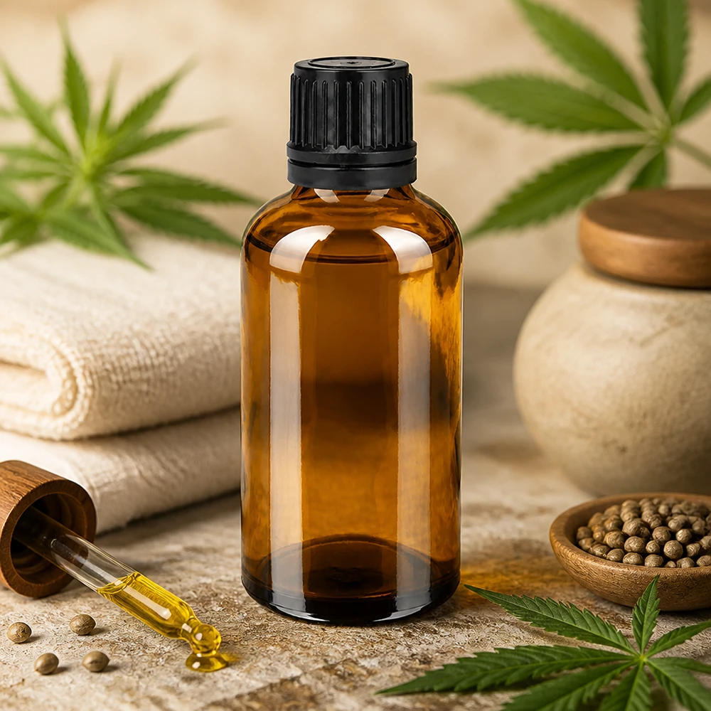 Frasco cuentagotas de 50 ml de vidrio marrón con tapón negro para aromaterapia y cosmética natural