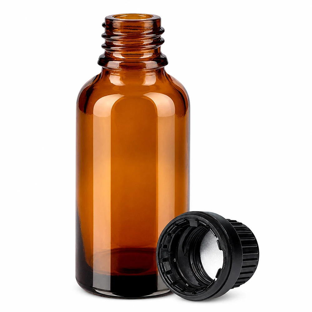 Frasco boticario de 30 ml de vidrio ámbar con cierre inviolable para un almacenamiento seguro