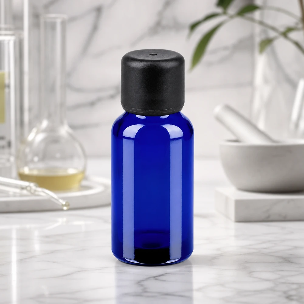 Frasco 20ml 6mm tapón rosca negro estándar BlueLine UT18/20 Pequeño frasco de vidrio de 20 ml en elegante azul con práctico tapón negro para uso diario