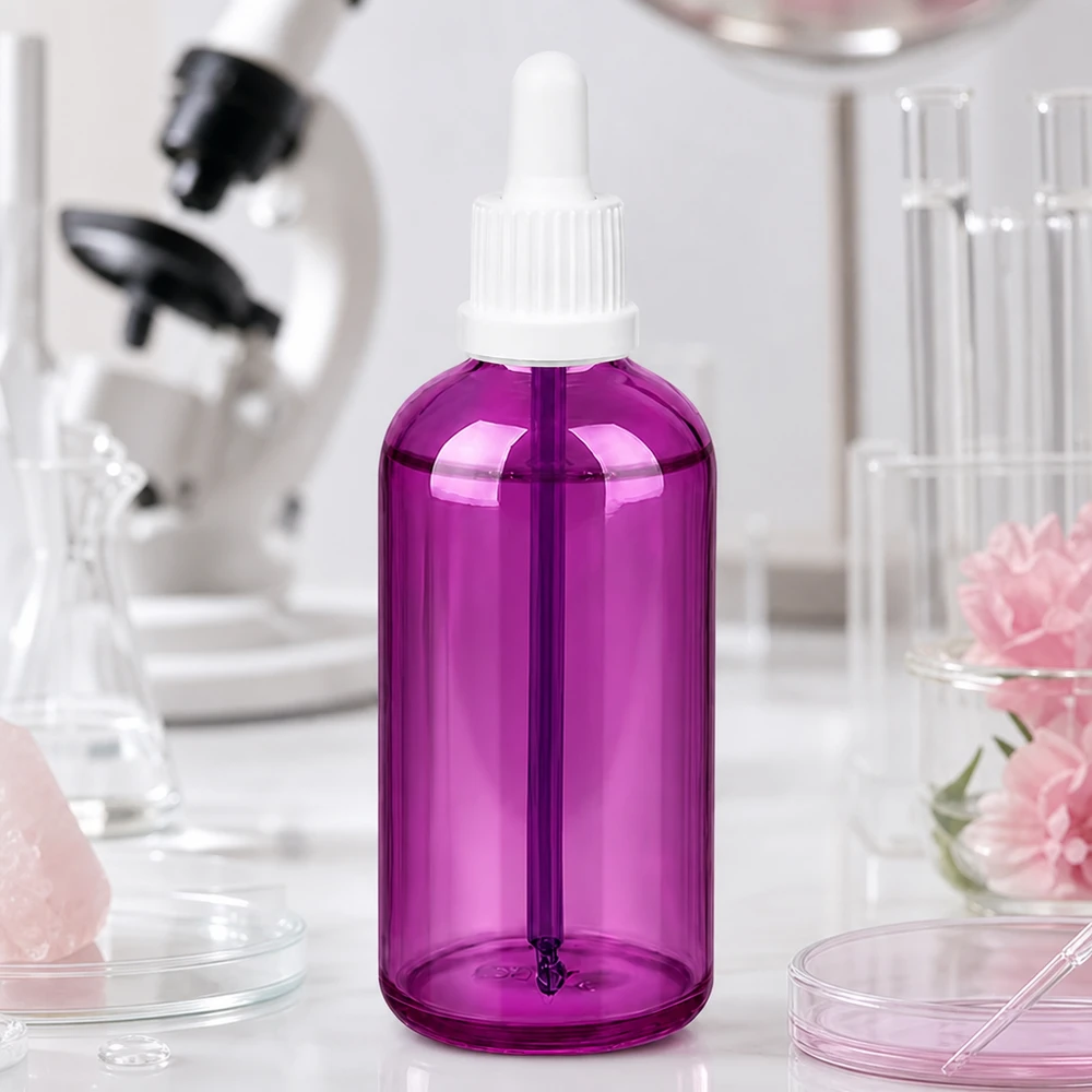 Frasco cuentagotas púrpura transparente de 100 ml con tapón blanco para la aplicación precisa de líquidos