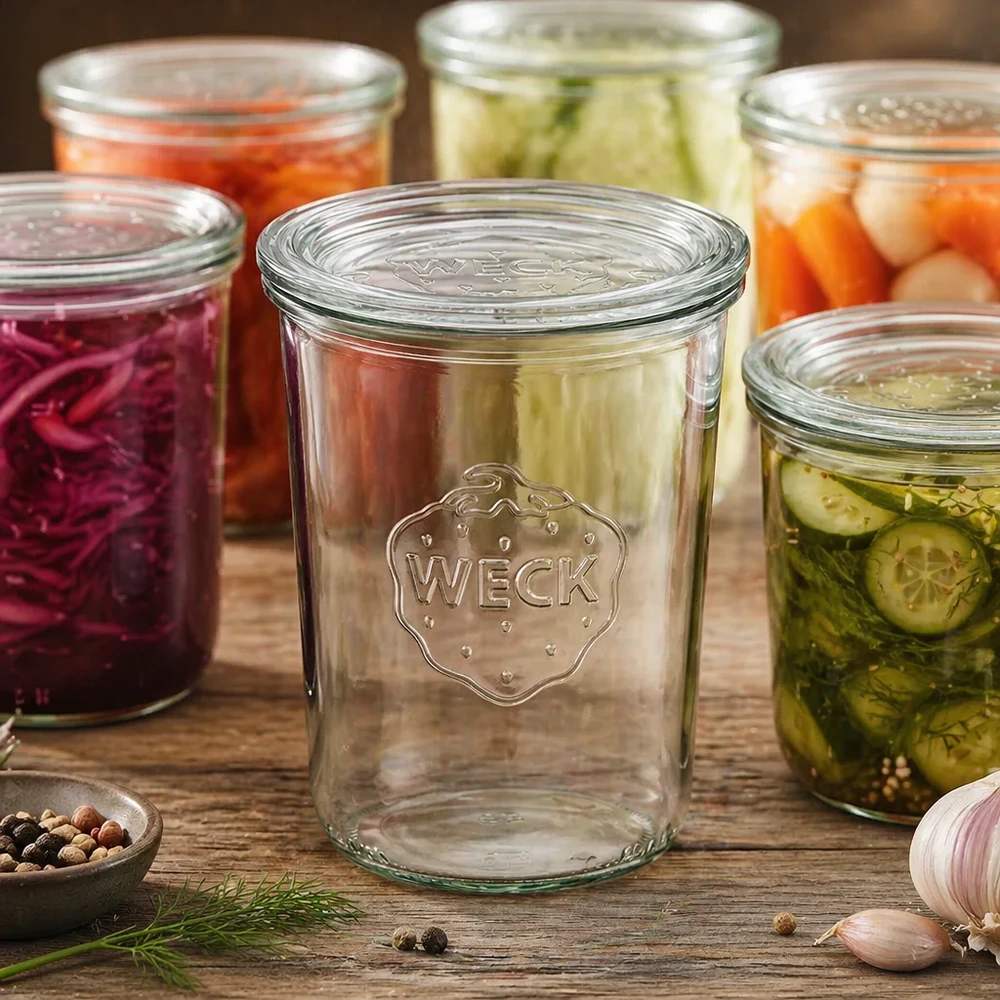 WECK Sturzglas 850ml RR100 mit eingelegtem Gemüse und Gewürzen zeigt Einmachen und Fermentieren im Haushalt