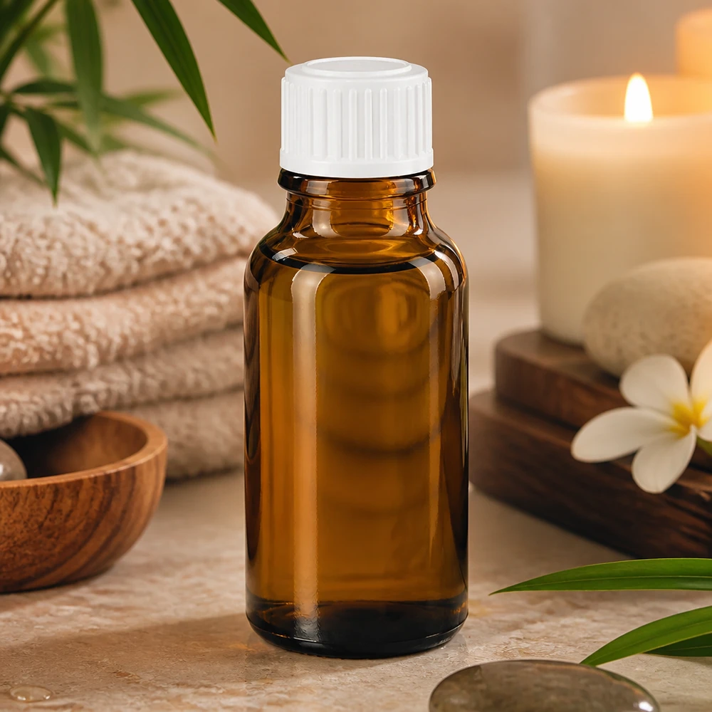 Frasco de farmacia de cristal marrón de 20 ml con tapón blanco sobre mármol, junto a una vela y una plumeria