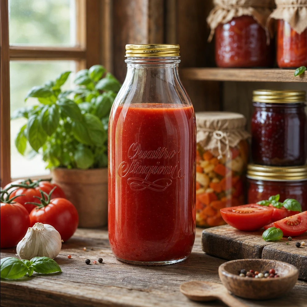 Frasco de cristal de 1000ml "Quattro Stagioni" con tapa Quattro Stagioni Botella de cristal de 1000 ml rellena de salsa de tomate en cocina rústica con tomates frescos y hierbas aromáticas