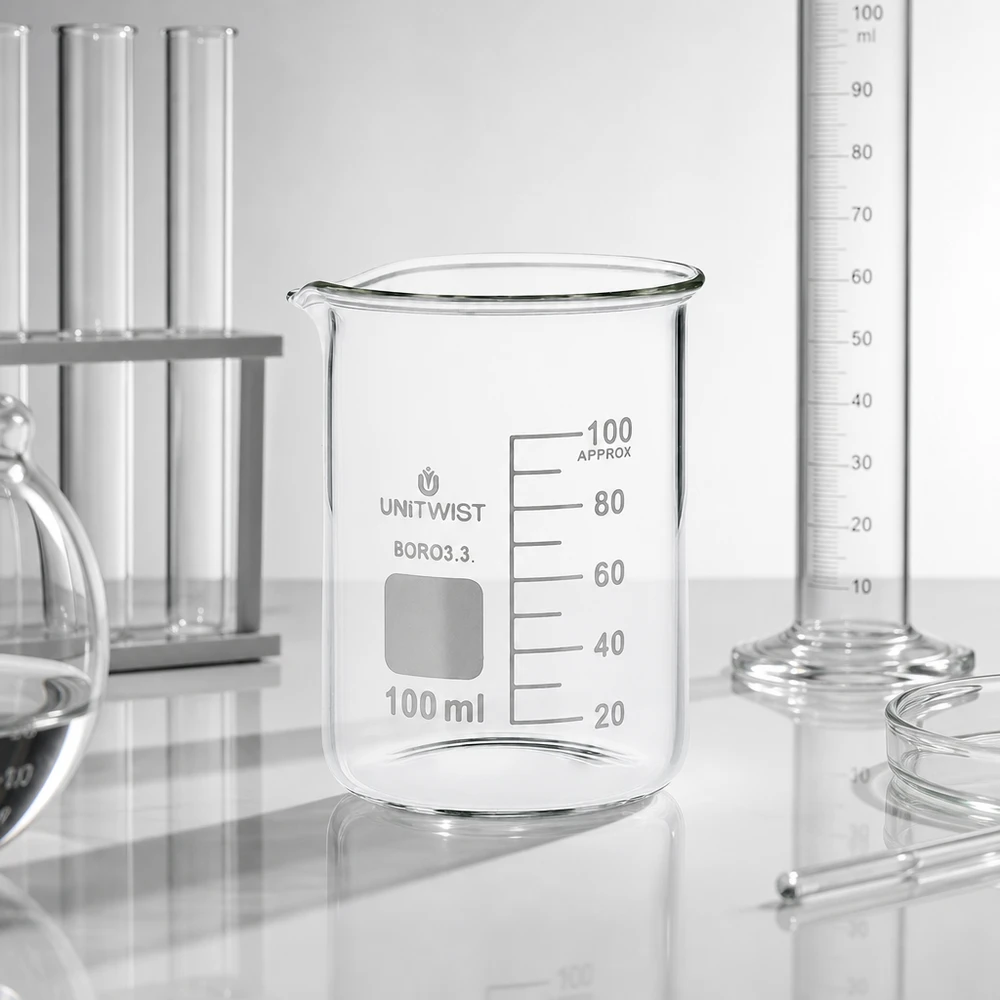 Vaso de precipitados vacío de 100 ml, de borosilicato 3.3, de perfil bajo, con escala de mililitros, para uso en laboratorio