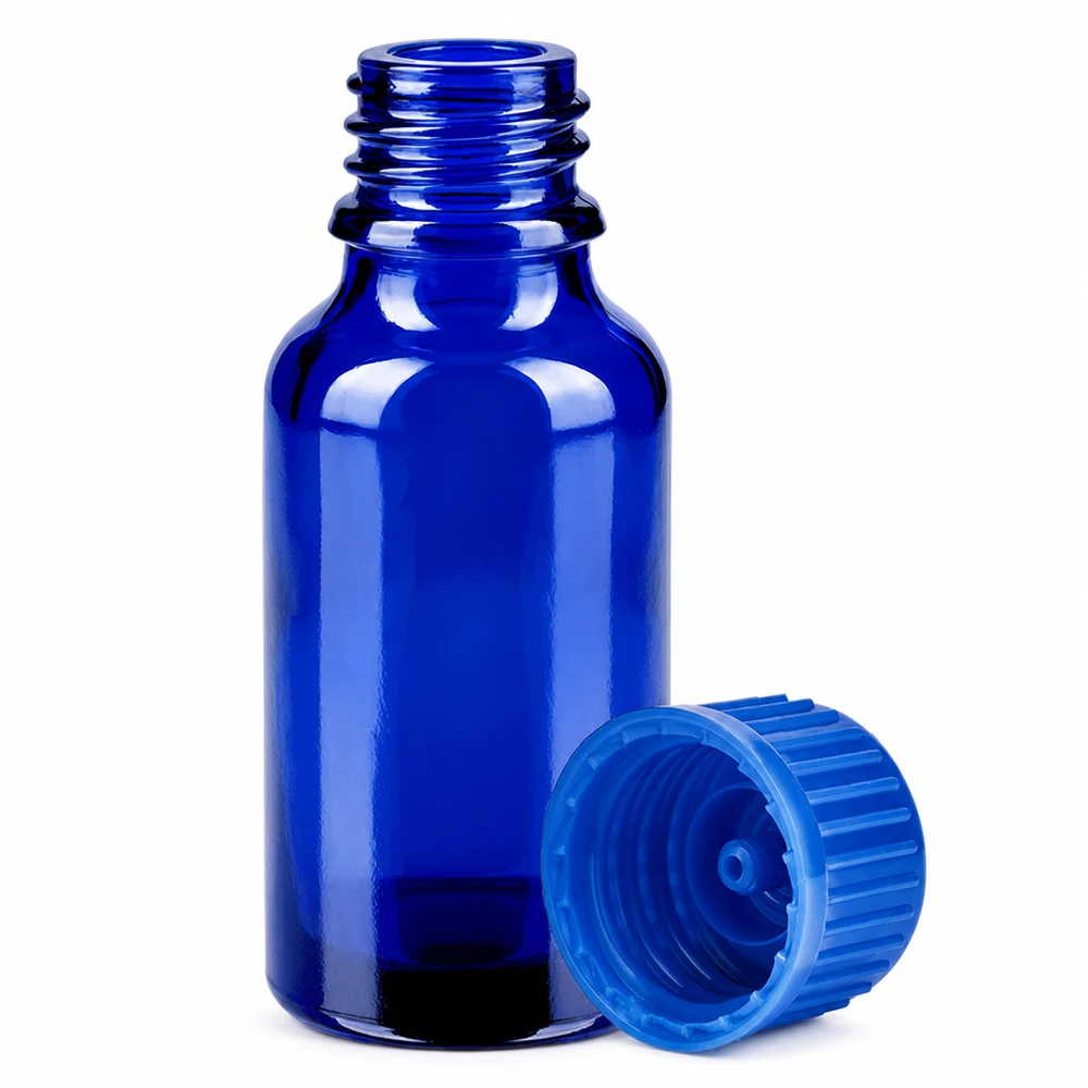 Frasco 20ml 11mm tapón rosca azul estándar BlueLine UT18/20 Pequeño frasco de laboratorio de 20 ml de vidrio azul con tapón a prueba de niños para aromaterapia