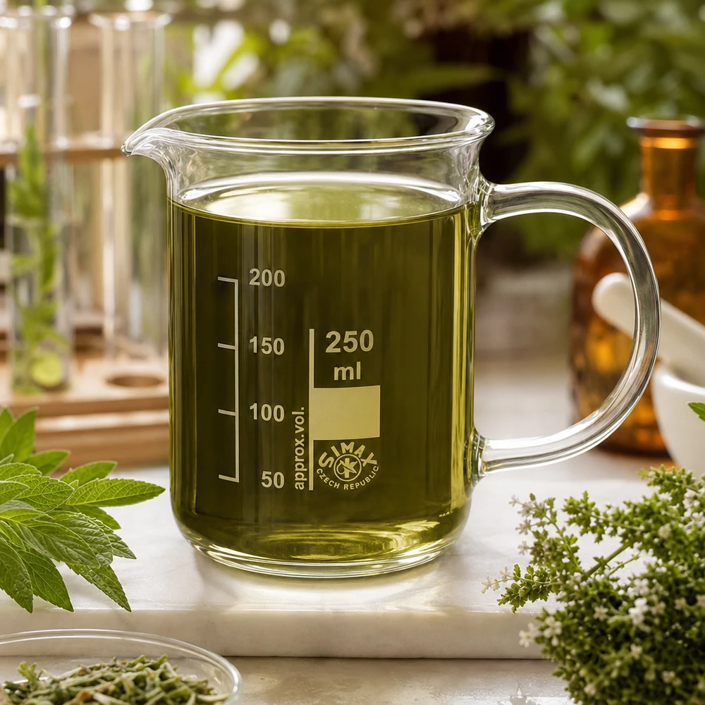 Vaso de cristal de 250 ml con asa, lleno de extracto de hierbas verdes junto a hierbas medicinales frescas