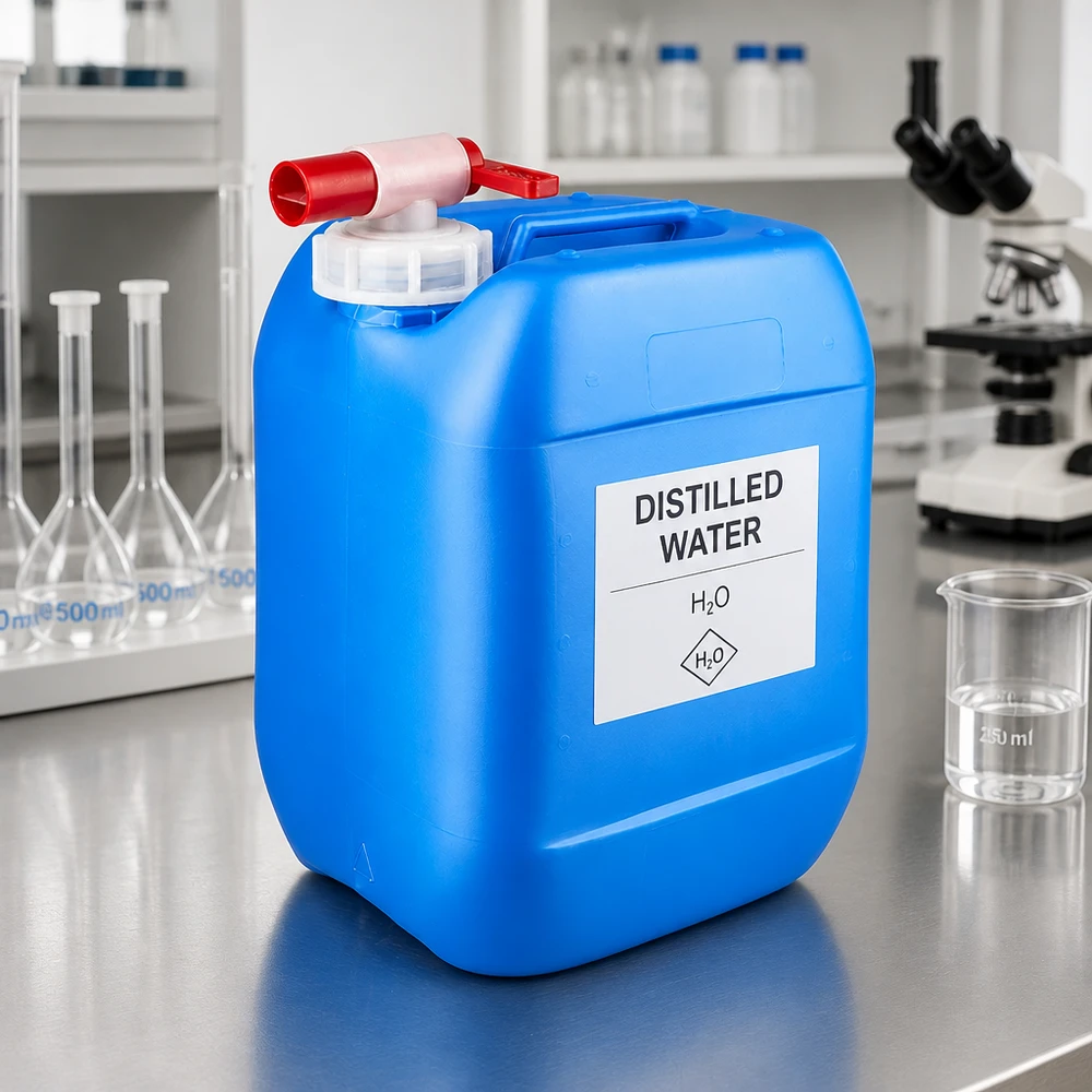 Agua destilada en un bidón azul de 10 litros con grifo de salida en un entorno de laboratorio