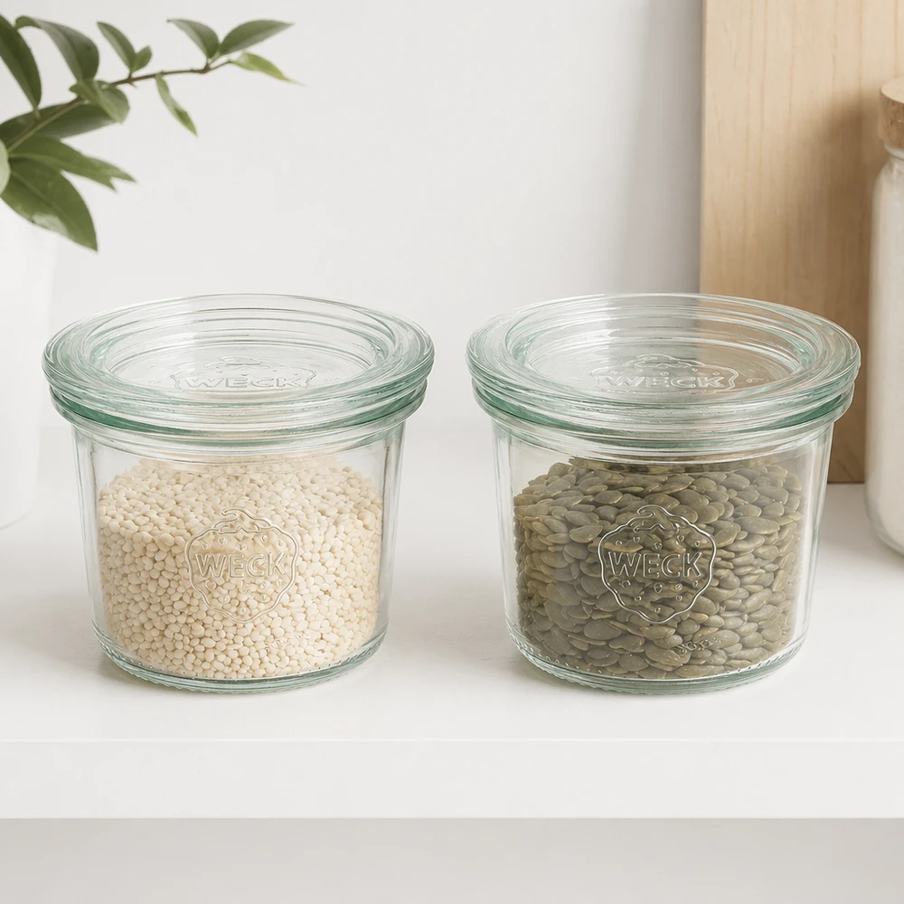 Los vasos WECK 80ml RR60 llenos de lentejas y arroz muestran el práctico almacenamiento de legumbres y cereales
