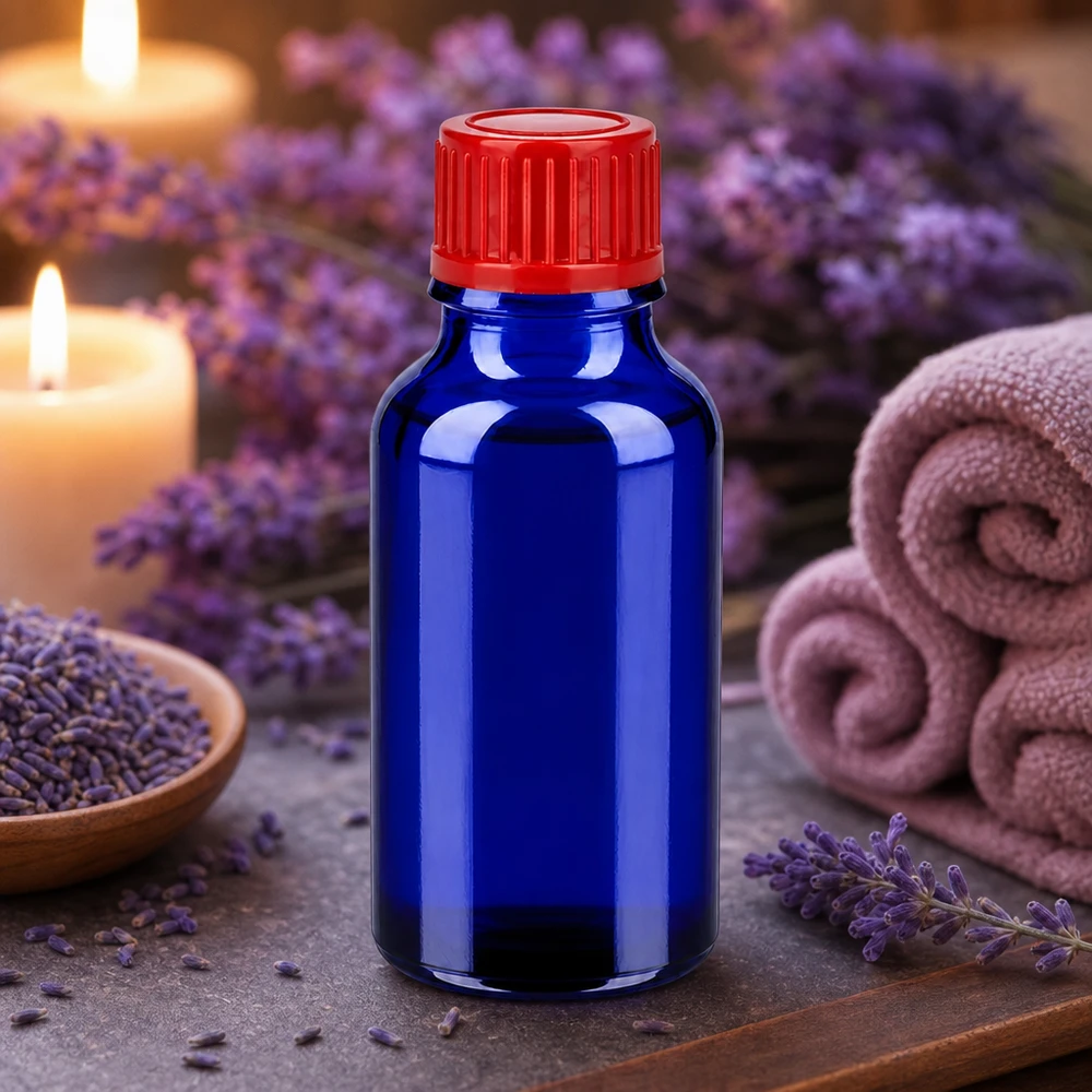 Frasco boticario pequeño azul de 20 ml con tapón cuentagotas rojo para aceites esenciales y aromaterapia