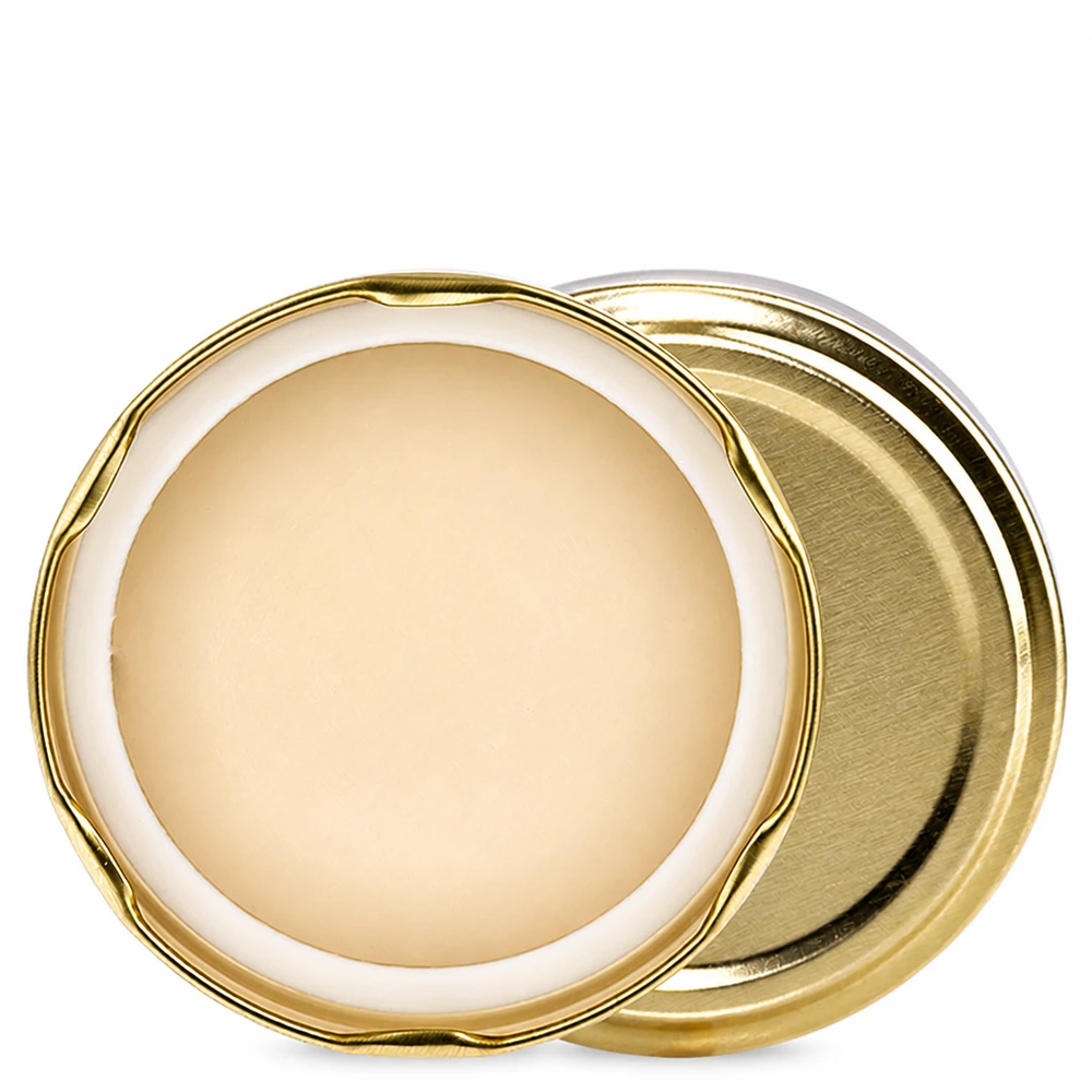 Tapa BasicSeal de 100 mm, color dorado (TO100) UNiTWIST Tapa BasicSeal abierta, color dorado, modelo TO100, 100 mm, con junta blanca y borde ondulado decorativo
