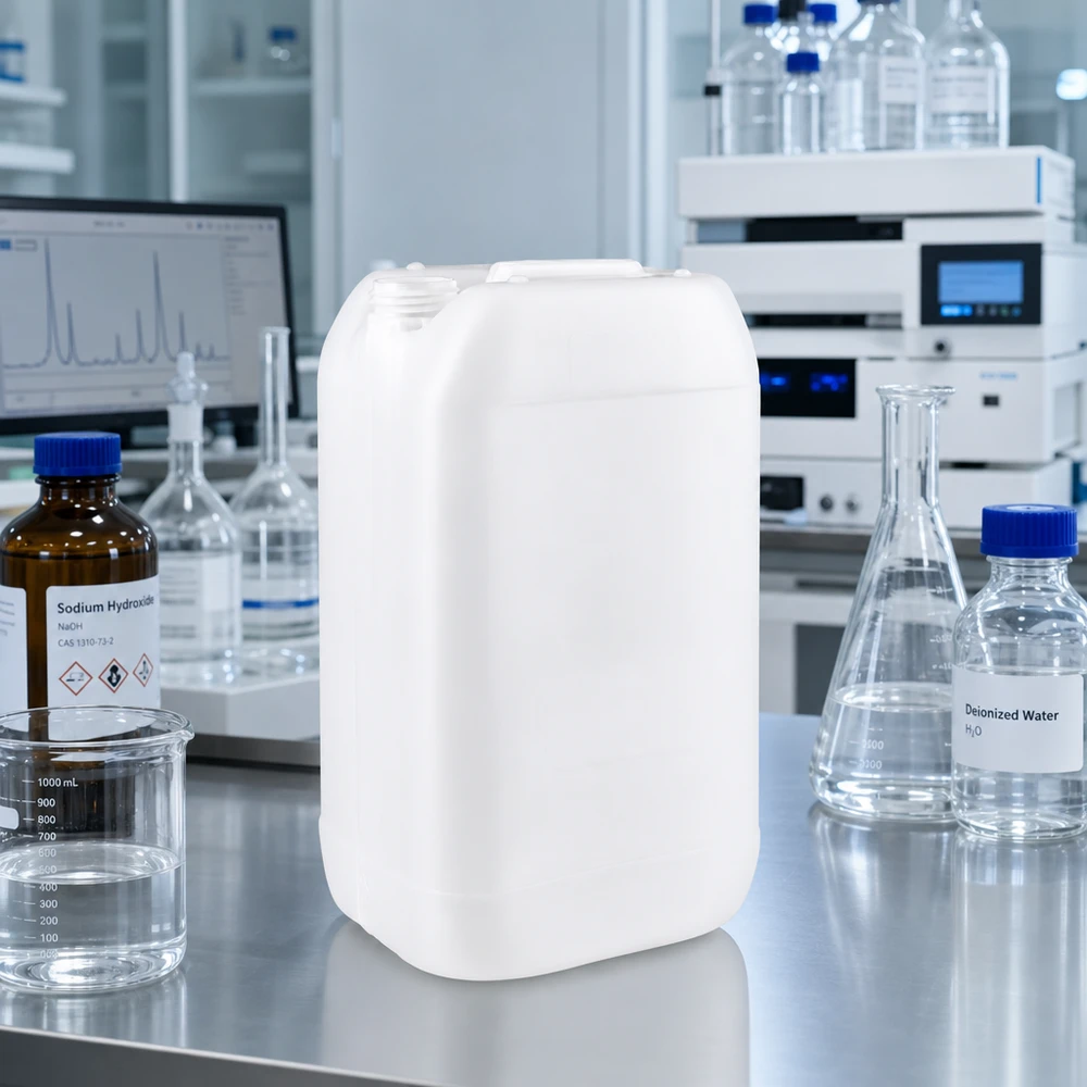 Bidón blanco vacío de 15 litros sin tapón sobre una encimera de acero inoxidable en un laboratorio químico