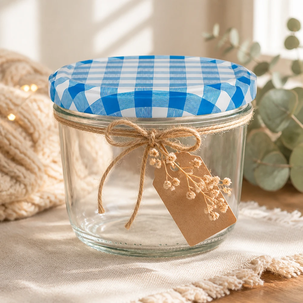 Vasos de 230 ml con tapa BasicSeal azul y blanca decorados con cordel de yute y etiqueta de papel kraft como envoltorio de regalo.