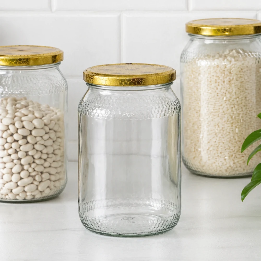 Tarro para miel de 1260 g con tapa con diseño de panal BasicSeal UNiTWIST Tarros de miel de 900 ml con tapas de panal BasicSeal organizados como tarros de almacenamiento para alubias y arroz en despensas