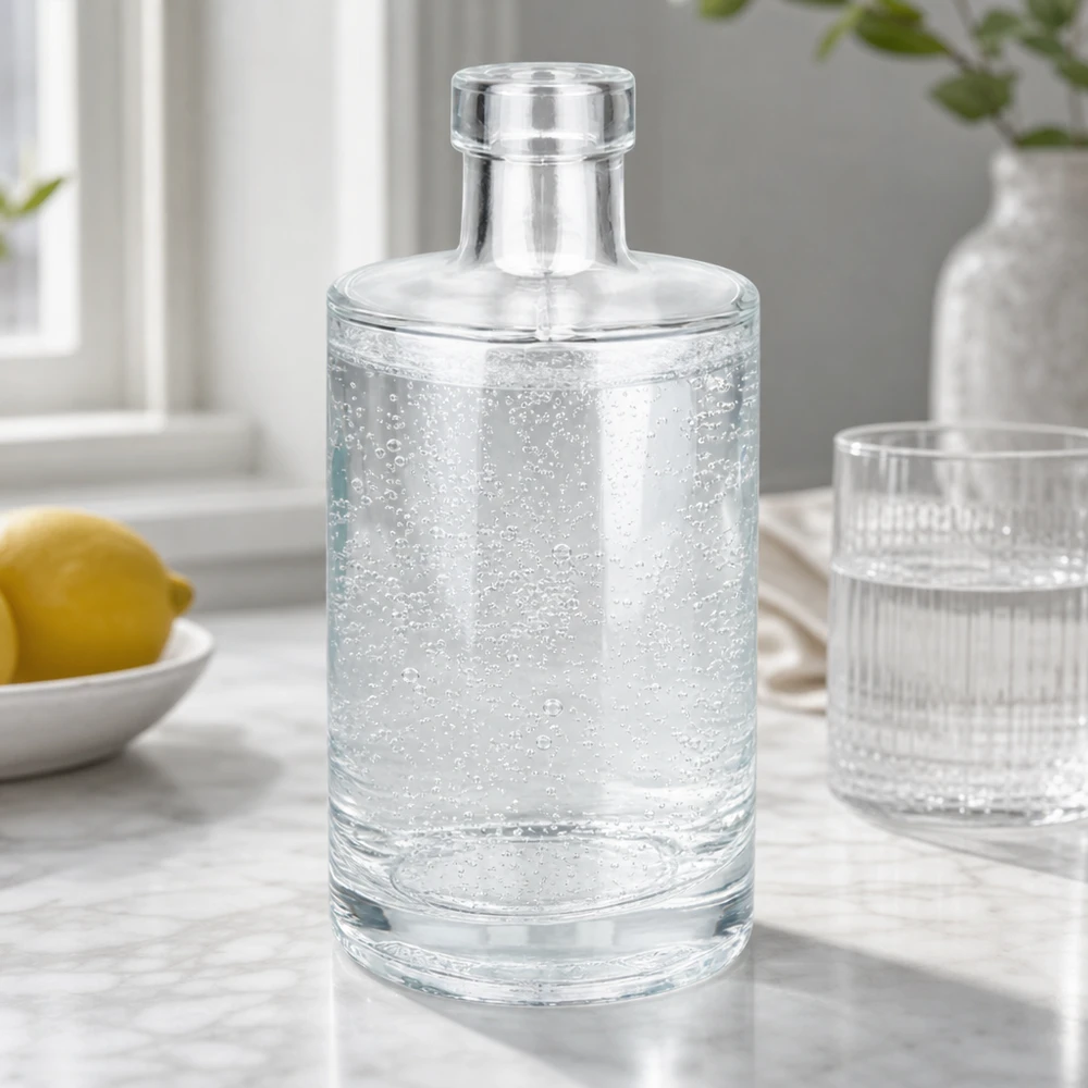Botella de vidrio de 350 ml «Marie» sin tapón UNiTWIST® 350ml Glasflasche Marie mit Sprudelwasser gefüllt neben Zitrone und Glas stilvolle Tischszene Bild 9 von 10