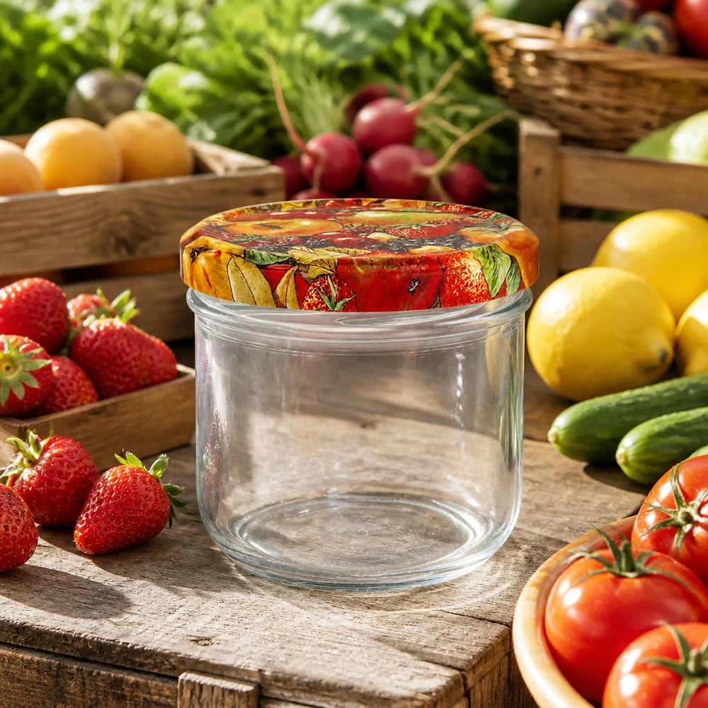 Vasos 260ml + tapa BasicSeal decoración frutas UNiTWIST Vasos vacíos de 260 ml con tapa decorada con frutas rodeados de frutas y verduras frescas sobre una mesa de madera