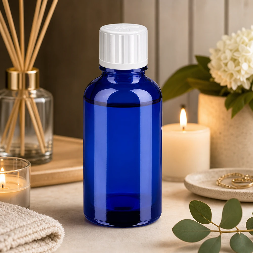 Botella 30ml 11mm tapón rosca blanco cierre inviolable BlueLine UT18/30 Frasco de precisión de 30 ml de vidrio azul con rosca de 11 mm para aplicaciones profesionales