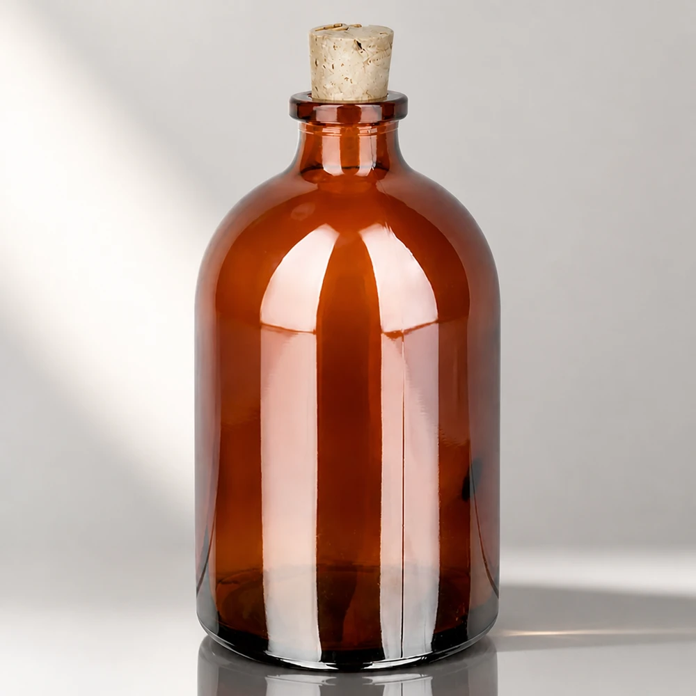 Botella de vidrio ámbar 100ml con corcho 11/14mm Klassische Medizinflasche 100ml in Braunglas mit zylindrischem Korpus und Naturkorken 11/14mm
