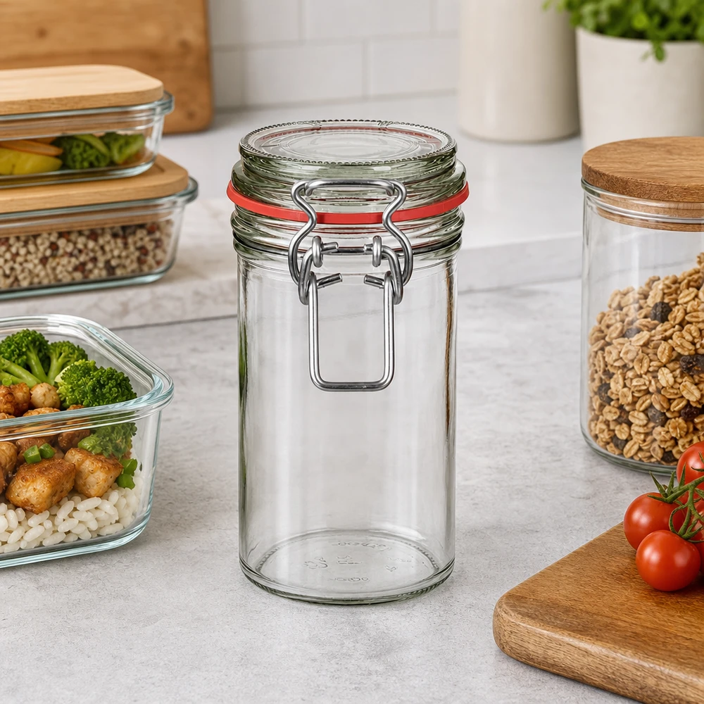 Tarro de cristal tipo G de 272 ml con cierre de clip UN... Tarro de almacenamiento de 272 ml con tapa oscilante vacío en la encimera de la cocina junto a recipientes de almacenamiento llenos e ingredientes frescos