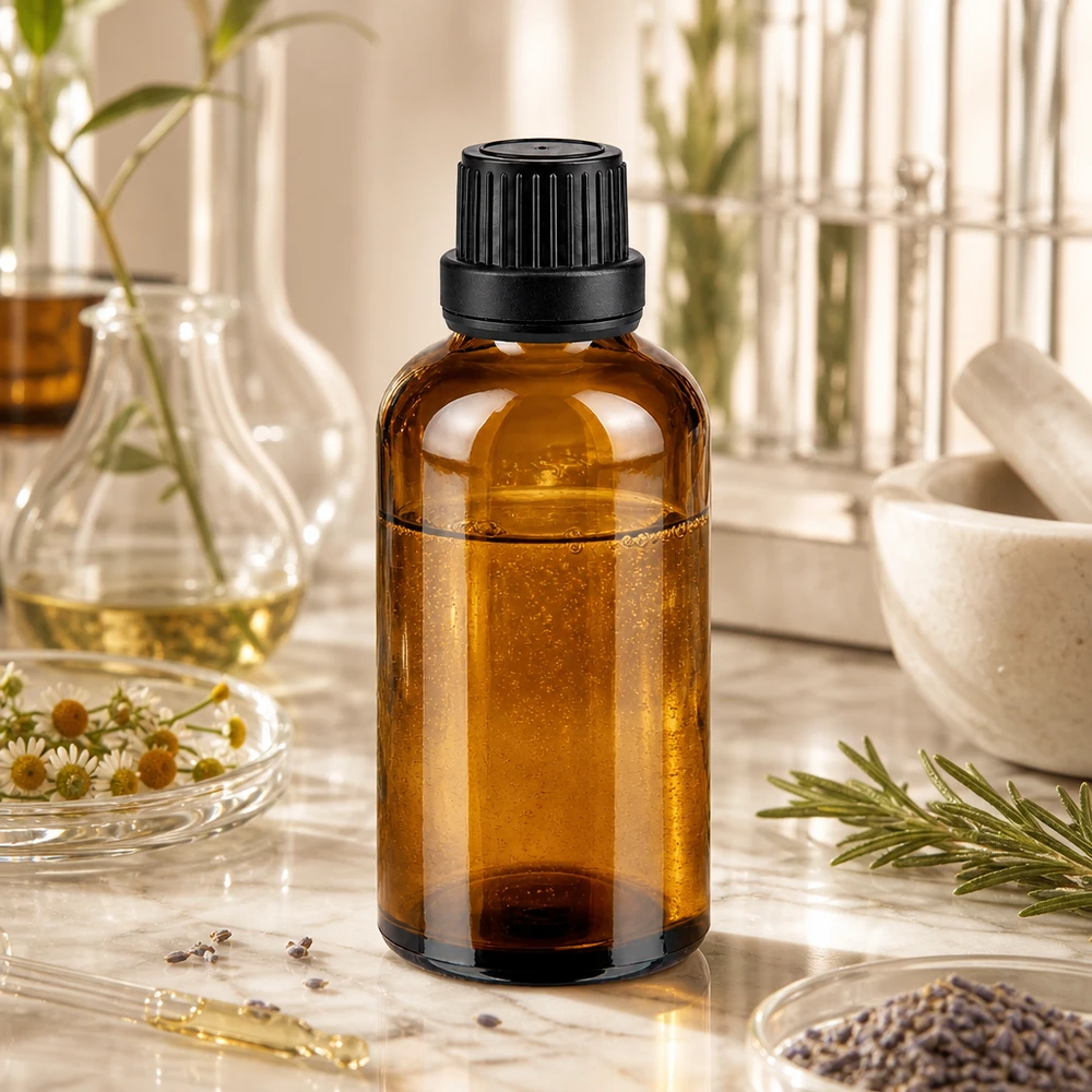 Botella de cristal marrón de 50 ml con tapón de rosca negro, junto a romero, manzanilla y lavanda sobre mármol