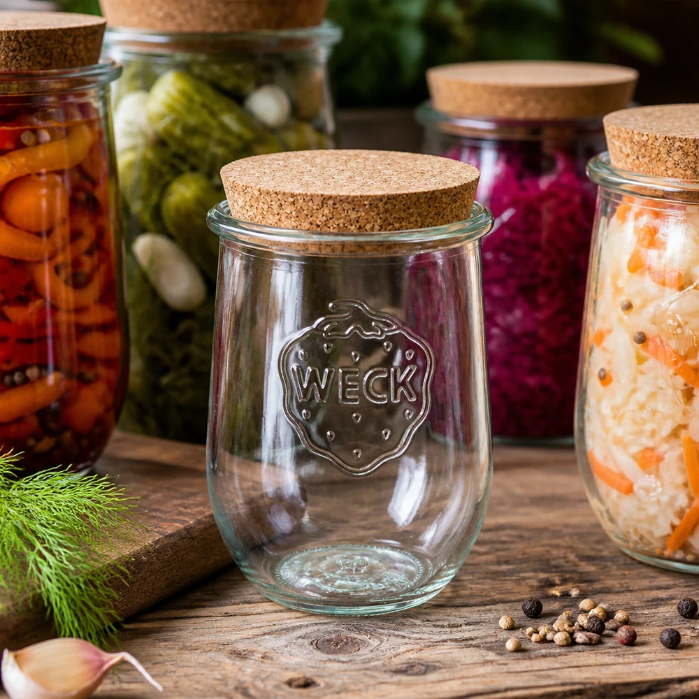WECK RR100 tarro tulipán 1062ml con corcho entre coloridos tarros de fermentación de verduras encurtidas sobre una mesa de madera