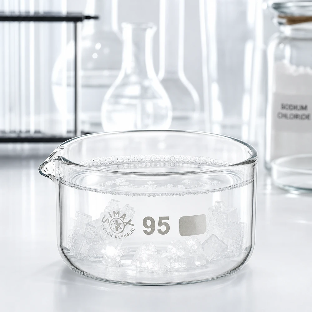 Cuenco de cristal plano de 300 ml, lleno de cristales de sal, para uso en laboratorio; diámetro: 95 mm