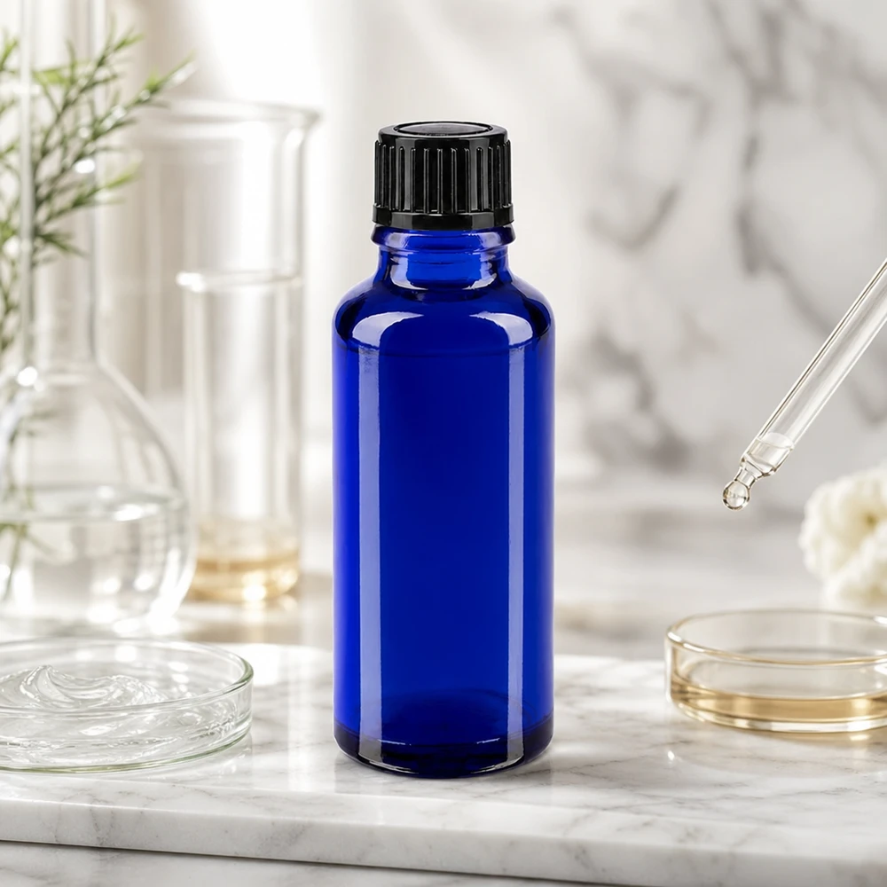 Botella de farmacia azul 30ml tapón cuentagotas 1mm negro estándar Frasco cuentagotas esbelto de 30 ml, de cristal de farmacia azul cobalto con tapón de rosca negro sobre fondo de mármol
