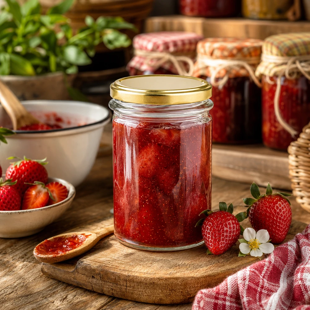 Vasos de 230ml con tapa BasicSeal oro UNiTWIST Tarro de cristal de 230 ml con tapa dorada BasicSeal UNiTWIST lleno de mermelada de fresa junto a fresas frescas