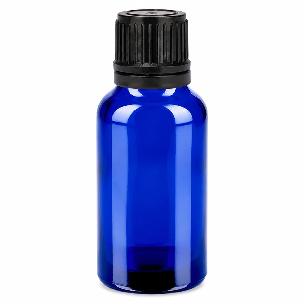Botella 20ml 11mm tapón rosca negro cierre inviolable BlueLine UT18/20 Frasco de vidrio azul de 20 ml con tapón de rosca negro para aceites esenciales y aromaterapia