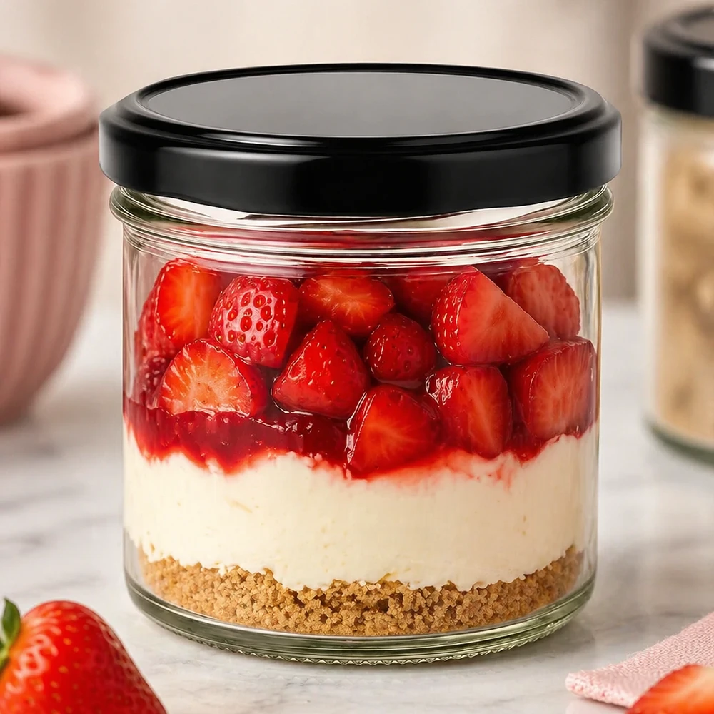 Vasos de 125 ml con tapa negra BasicSeal como tarro de postre con tarta de queso a base de fresas, nata y galleta