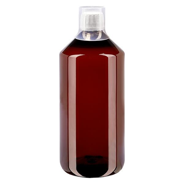 Botella de PET de 1000 ml con tapón blanco a prueba de manipulaciones + vaso. Botella de PET de 1000 ml con tapón blanco a prueba de manipulaciones + vaso.