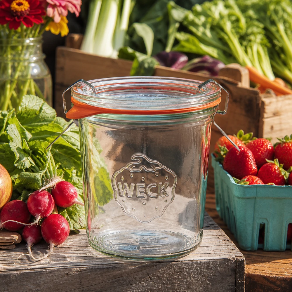 Vaso de 160ml completo WECK RR60 Vasos WECK 160ml RR60 vacíos con tapa abatible entre verduras y frutas frescas sobre una mesa de madera rústica