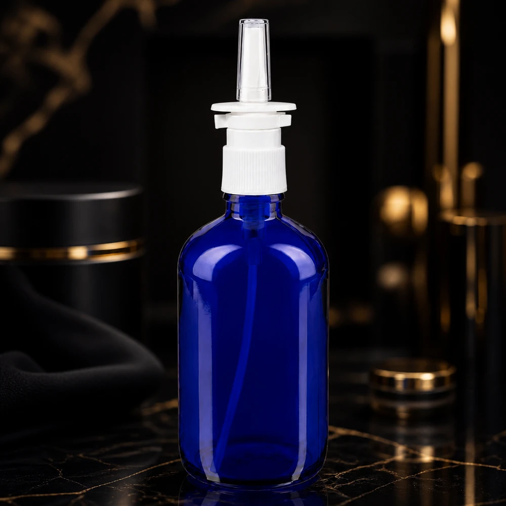 Frasco de spray nasal de 100 ml de cristal azul con bomba dosificadora blanca y boquilla de plástico transparente